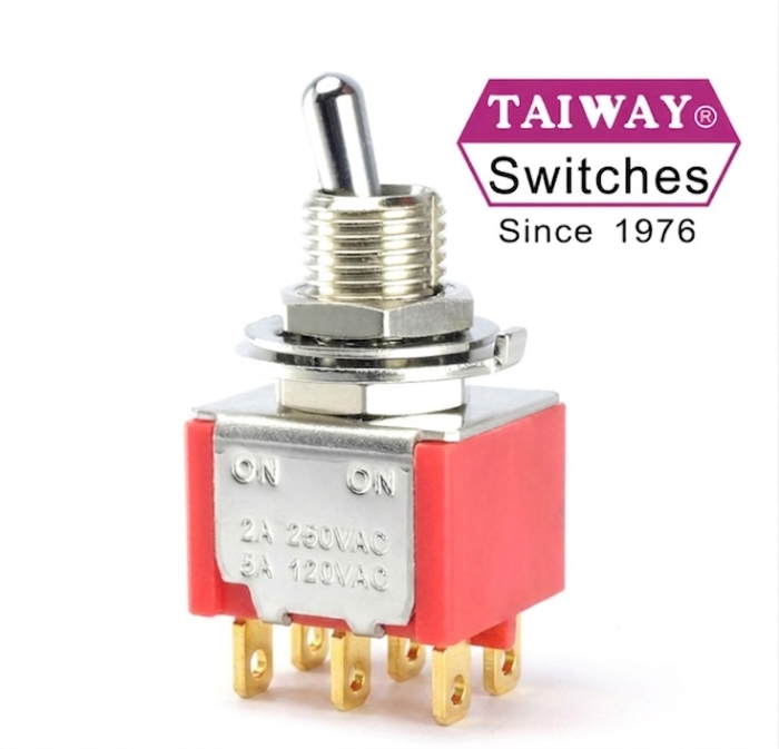 Taiway DPDT On On Switch - Solder Lug - Short Shaft - Chrome Plated